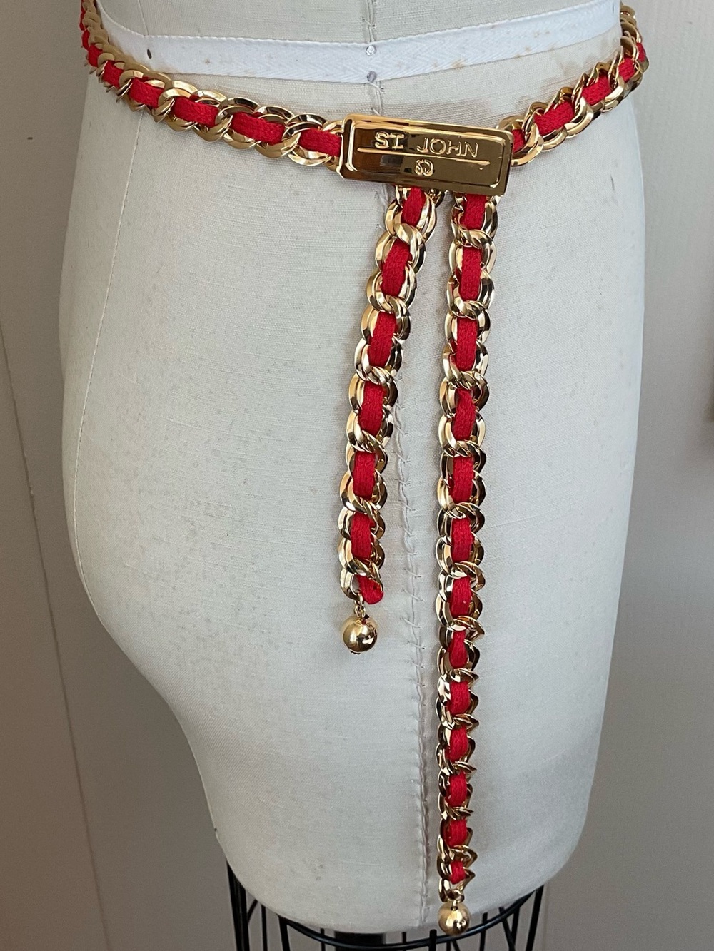 St. John Red and Gold Adjustable Braided Chain Belt with Logo Plate
